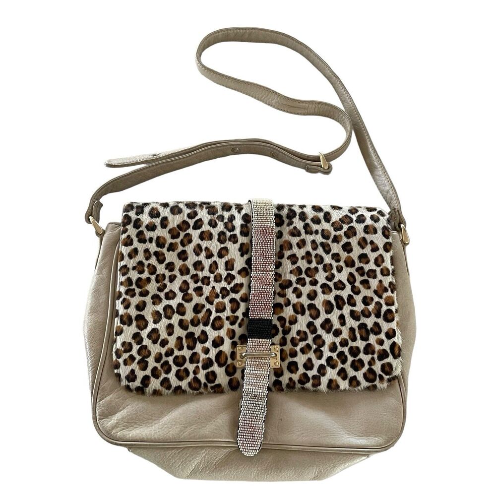 THE NINTH BAG IN LEOPARD LIZZIE FORTUNATO‎ JEWELS Leather Beaded Crossbody READ